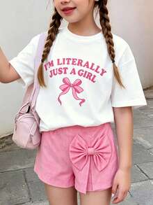 Young Girl Letter Print Round Neck Short Sleeve Top And Bow Decor Shorts Set - White - View 1