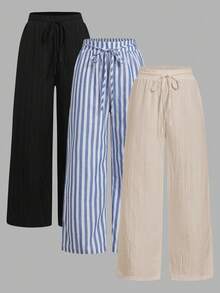 Set Of 3 High-Waisted Loose Straight-Leg Trousers With Drawstring And Pockets, Solid Color And Versatile, Suitable For Spring/Summer - Army Green - View 1