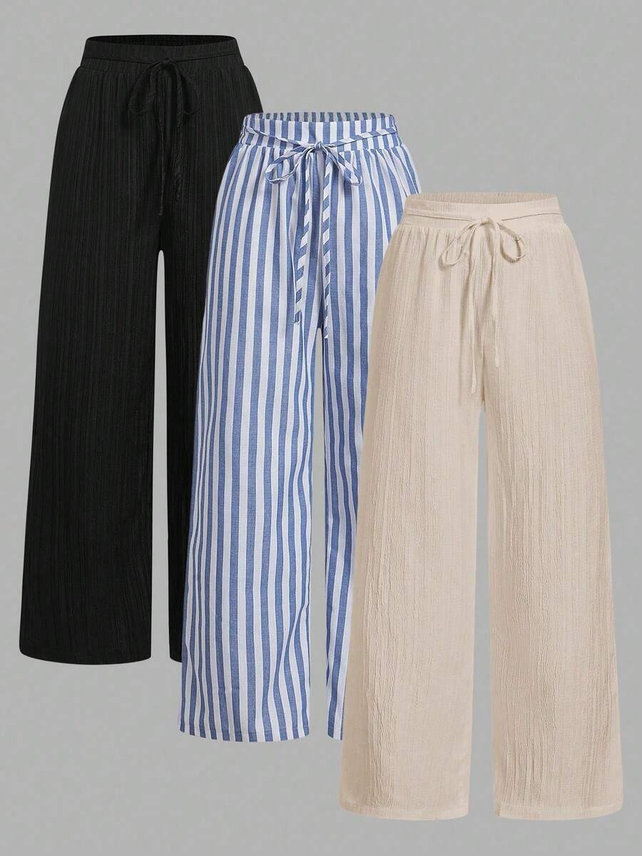 Set Of 3 High-Waisted Loose Straight-Leg Trousers With Drawstring And Pockets, Solid Color And Versatile, Suitable For Spring/Summer - Army Green - View 1