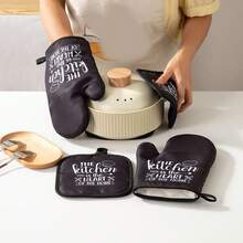 1. Oven Mitts & Pot Holders Set, Black Heat-Resistant Kitchen Mitts & "Happiness Is Homemade" Patterned Insulated Pads, Non-Slip Cotton Oven Mitts, Suitable For Baking, Cooking, Grilling - View 4