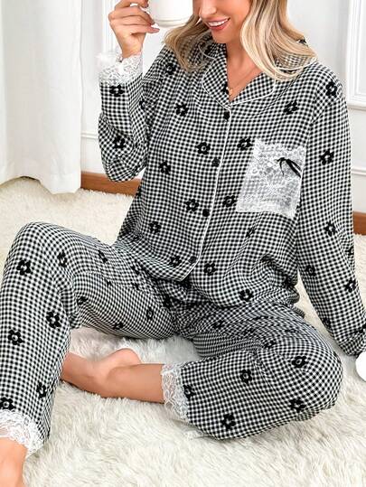 2pcs/Set Black & White Plaid Women's Lapel Loungewear, Spring/Autumn New Style Lace Trim Floral Print Long Sleeve Long Pants Pajama Set
