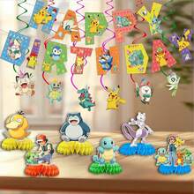 16 Stücke-Pokémon Geburtstags-Party-Deko-Set, Happy Birthday Buchstaben-Banner + Waben-Tischdekoration + Hängende Wirbel, Kinder Anime Themen-Party-Zubehör - B4-26 - Übersicht 4