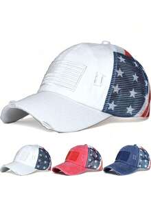 1pc Unisex Solid Color American Flag Embroidered Baseball Cap, Fashionable Versatile Polyester Mesh Hat - Multicolor - View 8
