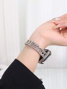 MAPUCE 1PC Premium Slim Rhinestone Metal Denim Chain Band, Compatible With Apple Watch 38/40/41/42/44/45/46/49mm, Compatible With Apple Watch Series Ultra/SE/11/10/9/8/7/6/5/4/3/2/1, Adjustable Length, Double-Sided Rhinestone With Denim Chain Design, High-End Fashion - Silver - View 3