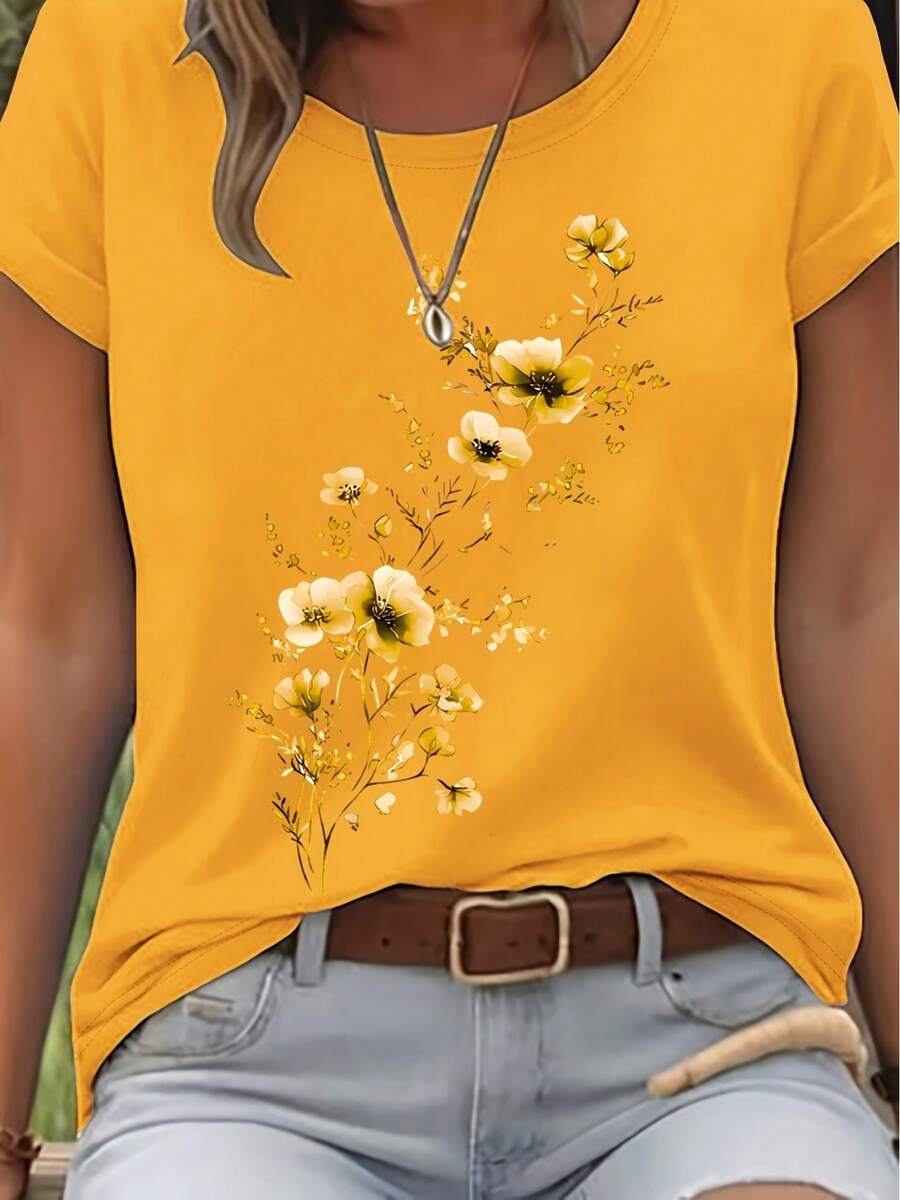 Elegant Watercolor Floral Print T-Shirt + Short Sleeves + Round Neck + Casual Spring And Summer Clothing For Women - 黃色 - 查看 1