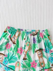 2pcs/Set Sloth Tropical Floral Print Women's Pajamas, Premium Satin Fabric, Smooth And Comfortable, Loose Lightweight Button Short Sleeve Top And Shorts, Plus Size Casual Home Wear Women's Pajama Set - Mint Green - View 9