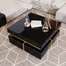 High-Gloss Coffee Table / Modern Coffee Table / MDF Living Room Table / Side Table With Drawers And Gold Accents / With Two Drawers / Easy To Clean And Assemble - Black - View 3