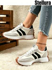 2026 New Retro Suede Sneakers Women, Blue White Casual Lace-Up Trainers, Comfortable Non-Slip Chunky Sole Running Shoes - 時尚白 - 查看 2