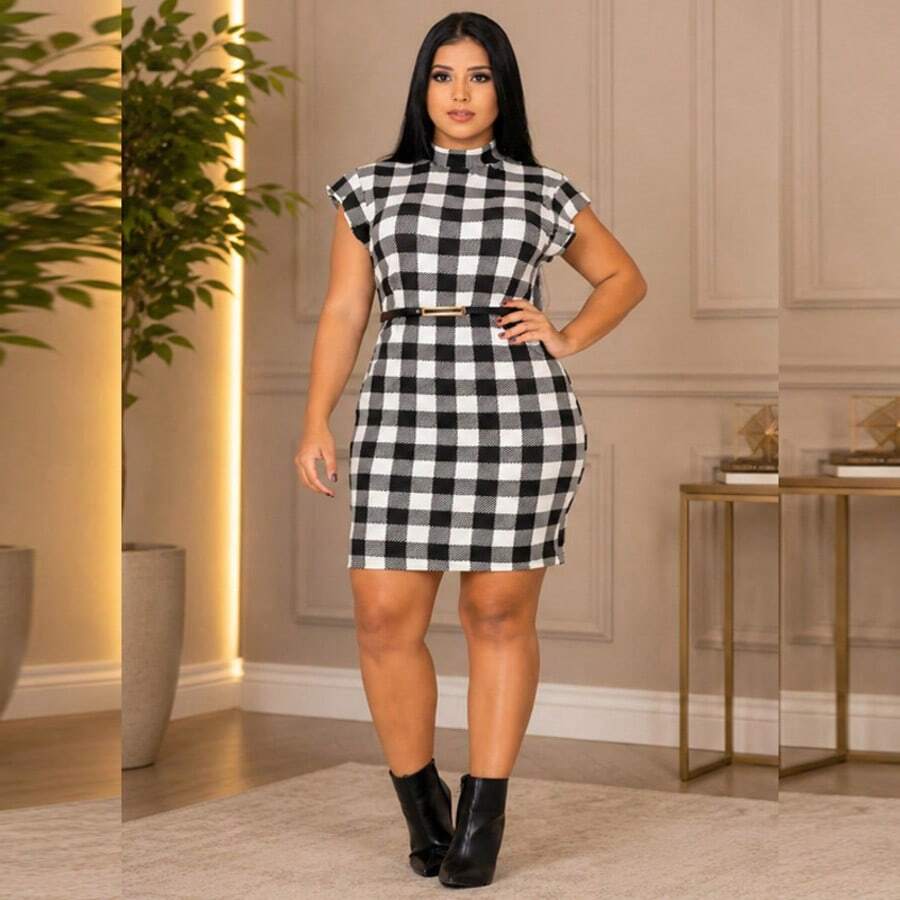 Women's Short Plaid Dress, Bodycon Style, Short Sleeve, Tank Top, June Festival, Rodeo, Checkered Dress, Cowboy Party - trắng - Xem 1