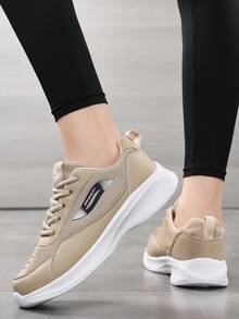Women's Light Khaki Mesh Breathable Sports Shoes, Lightweight Soft Sole Shock-Absorbing Casual Running Shoes, Low-Top Lace-Up Non-Slip Versatile White Sneakers, Simple Versatile Height-Increasing Chunky Sneakers, Suitable For Daily Commute, Outdoor Jogging, Fitness Training, Student Campus, Shopping And Travel, Comfortable All-Season Women's Shoes That Don't Tire Feet - Beige - View 6