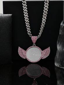 1pc Icy Angel Wing Photo Frame Pendant Necklace With Miami Cuban Chain, Rhinestone-Studded Angel Wing Custom Photo Cuban Link Necklace For Men, Shiny Statement Jewelry For Hip Hop Lovers, Commemorative Keepsake Jewelry, Can Put Your Favorite Photo - Fashion Angel Wings Photo Frame - View 14