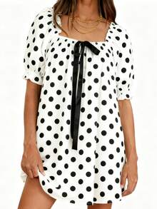 Women Puff Sleeve Nightdress White Black Dotted Print Geometric Neck Sleepwear With Long Ribbon Bow Short Sleeve Pajama Dress - 白色 - 查看 4