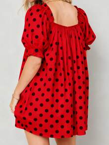Women Puff Sleeve Nightdress White Black Dotted Print Geometric Neck Sleepwear With Long Ribbon Bow Short Sleeve Pajama Dress - 紅色 - 查看 2