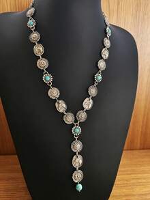 1pc Western Cowboy Style Pink Turquoise Long Necklace, Vintage Distressed Y-Shaped Sweater Chain, Unique Niche Accessory - Necklace - View 12