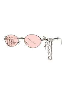 1 pieza Gafas de moda para mujer estilo Y2K con marco ovalado plateado, lentes transparentes rosa con colgante de cadena de estrella, gafas de moda para mujer de marco delgado de metal de nicho de subcultura, cadena de estrella desmontable con estilo dulce y fresco de personalidad, gafas de cadena para chica dulce y fresca, lentes rosa claro con marco plateado para decoración facial de atmósfera, gafas de moda para mujer de subcultura Y2K, marco ovalado de metal con cadena de doble capa para decoración de atuendo - Rosa - Ver 2