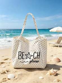 White Polka Dot Beach Tote Bag With "Beach Please" Lettering, Large Canvas Shoulder Bag, Beach Bag, Shopping Bag, Suitable For Shopping And Travel, Foldable Canvas Shoulder Tote Bag, Commuter Bag, Tablet Bag, Storage Bag, Summer Essential Travel Bag, Ideal For Beach Trips, Pool Days, Shopping And Daily Use, Perfect For Women, Travelers And Beach Lovers, Great For Spring Break, Easter, Mother's Day, Vacation And Gifts - Multicolor - View 13