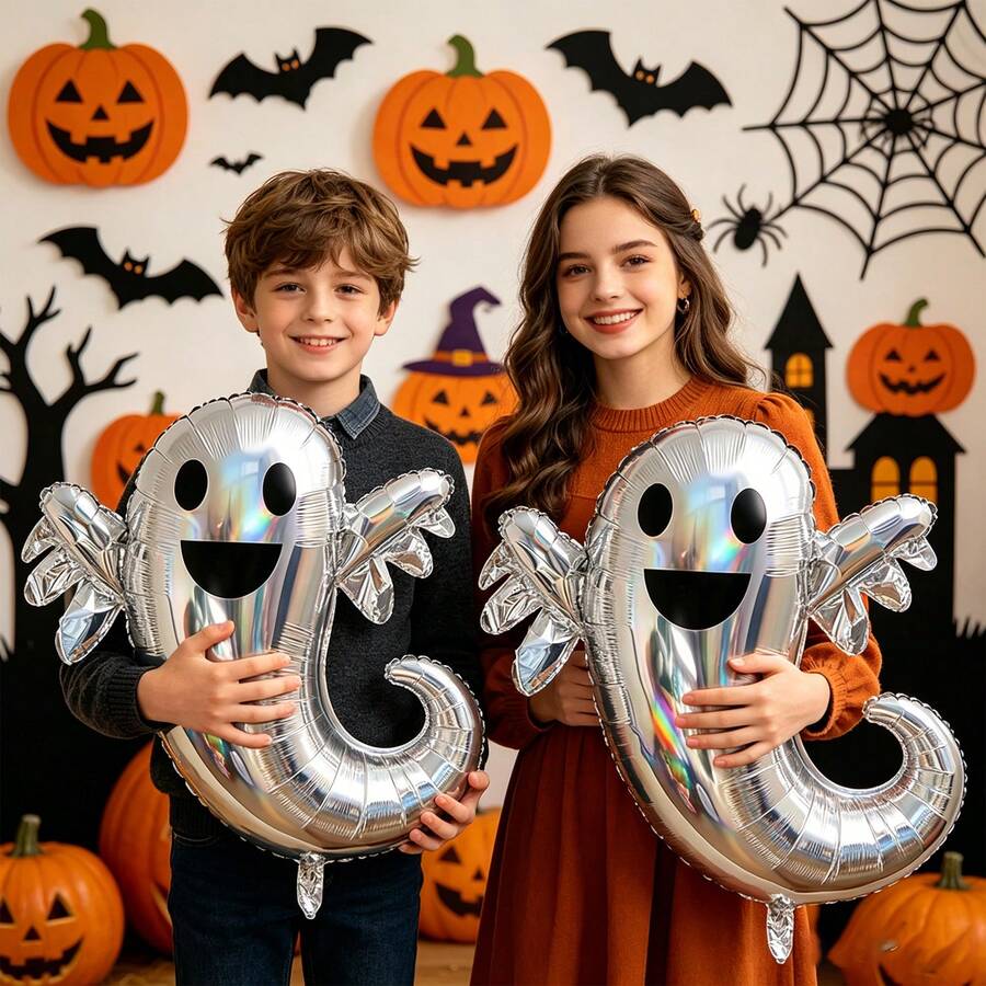 2pcs 35.4 Inch Laser Silver Ghost Aluminum Foil Balloons, Cute Smiling Ghost Foil Balloons For Halloween Party, Window Display, Scene Decoration, Photo Props, Reusable - Multicolor - View 1