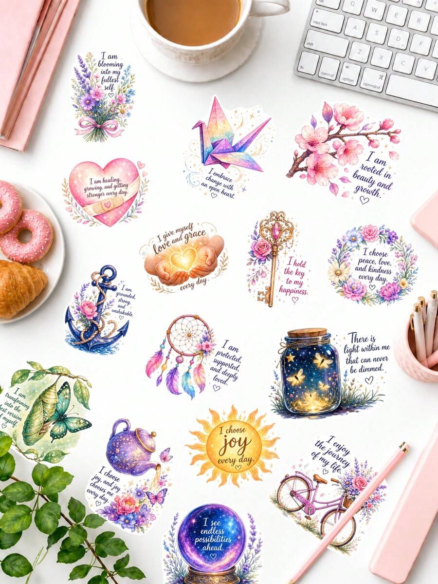 50Pcs Watercolor Mystical Affirmation Sticker Pack, Self-Love & Growth Prints For Planner, Notebook & Spiritual Crafts - Multicolor - View 1
