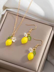 Set Kalung dan Anting Liontin Bunga Lemon 3pcs/Set, Hadiah Liburan untuk Teman dan Sahabat Terbaik - Gaya 13 - View 1