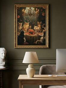 1pc Gothic Black Cat Dinner Party Art, Dark Academia Cat Moody Victorian Animal Painting, Ideal Gift,Suitable For Bedroom,Living Room,Kitchen,Wall Arts,Wall Decor,Home Decor,Room Decor,Canvas Wall Art,Posters, Wall Art With Frame, Optional Frame - 1PCS - View 4