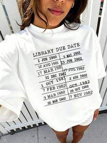1PC 100% Cotton Library Due Date Print Pattern Women's Short Sleeve T-Shirt - White - View 1
