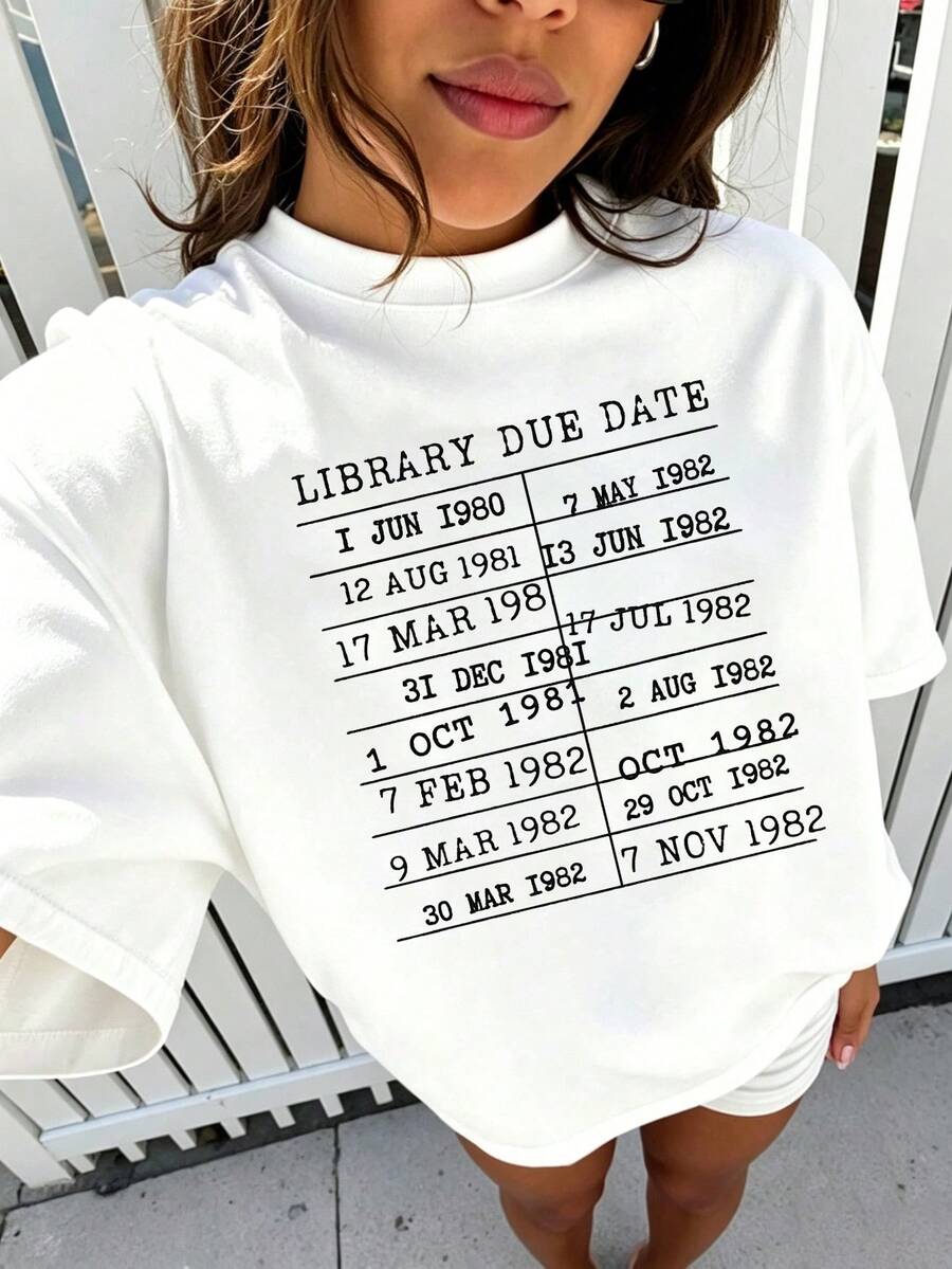 1PC 100% Cotton Library Due Date Print Pattern Women's Short Sleeve T-Shirt - White - View 1