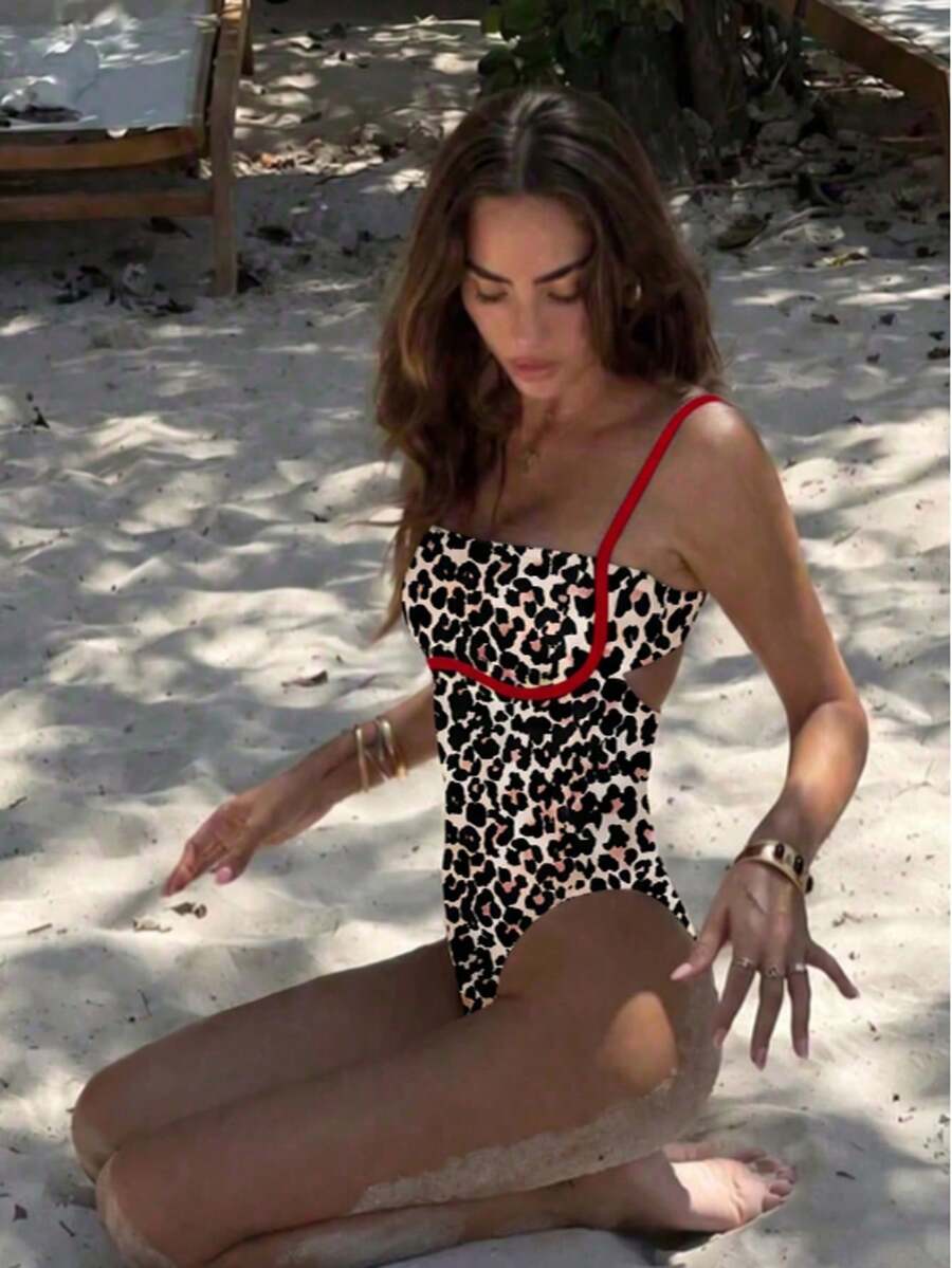 夏季歐美風豹紋連身泳衣，單肩鏤空設計，溫泉度假泳裝沙灘款 - 彩色 - 查看 1