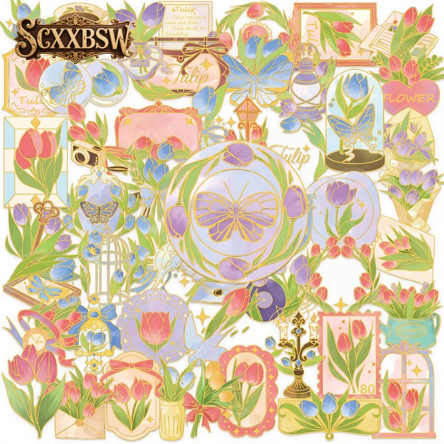 SCXXBSW 50pcs Tulip Secrets Hot Stamping Stickers, Cool Anime Decorative Stickers, Classic Gift Decorations, Value Pack, Cute Cartoon Stickers, Waterproof And Durable, Phone Case Decoration Stickers, Can Be Applied To Laptops