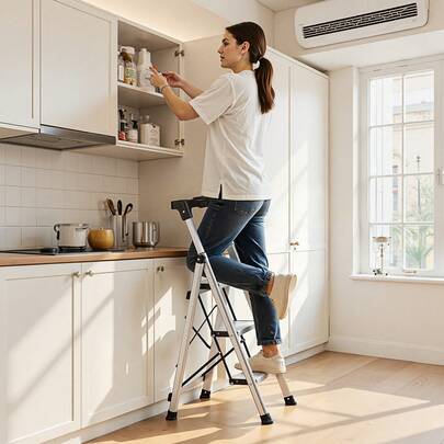 Escalera de Aluminio Plegable 3 Peldaños, Escalera de Tijera con Pedal Antideslizante y Empuñadura Cómoda, Capacidad de 150 kg, Taburete Multifuncional para Cocina, Almacén, Hogar, Oficina