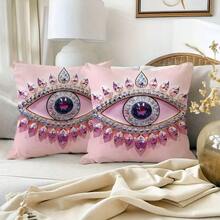 2pcs Bohemian Evil Eye Pattern Single-Sided Printed Pillow Covers, Soft And Comfortable Polyester Fiber Cushion Covers, Size 45x45cm(17.72x17.72 Inches), Zipper Closure, Machine Washable, Suitable For Home And Outdoor Decoration (Pillow Covers Only, Insert Not Included) - Multicolor - View 5