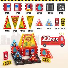51 Stücke Magnetische Feuerwehrauto Bauklötze Set mit Eisenbox, tragbares Reise-Magnetbau-Spielzeug, MINT-Bildungs-Magnetplättchen-Straßen-Set - Geeignet für Kinder ab 3 Jahren, Geburtstagsgeschenk - Farbe - Übersicht 9