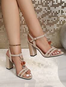 Sandalias de punta abierta con cuentas minimalistas 2026 nuevo estilo tacón grueso sandalias de moda versátiles cómodas y elegantes - Albaricoque - Ver 5