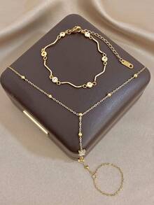 Women's Elegant Small Gold Bead Wave Style Finger Chain Bracelet Set, Zirconia Bracelet, Suitable For Travel, Vacation, Holiday Jewelry Gift - Multicolor - View 7