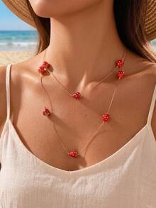 1pc Fashionable Elegant Vintage Versatile Strawberry Beaded Long Necklace, Layering Necklace Suitable For Women's Daily Casual Outings, Banquets, Music Festivals, Parties, Gatherings, Holiday Gifts - Red - View 3