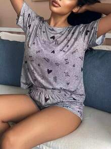 Conjunto de pijama de 2 piezas con estampado de corazón y pantalón corto para mujer - Gris - Ver 5