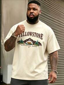 Plus Size Men's National Park Bear Graphic Round Neck Casual Retro T-Shirt - Apricot - View 3
