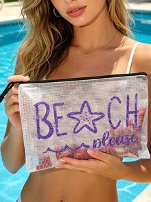 多色防水時尚網格海灘包，附亮面「Beach Please」字樣與海星圖案，大容量透明化妝包、泳池包、便攜耐用盥洗包、文具收納袋、輕量防曬收納包，適合游泳、海灘、潛水及夏季旅行，送給朋友、家人、閨蜜、同學的完美禮物與紀念品，適用於生日、節日、派對、婚禮（伴娘）、教師節、開學季、畢業季 - 彩色 - 查看 6