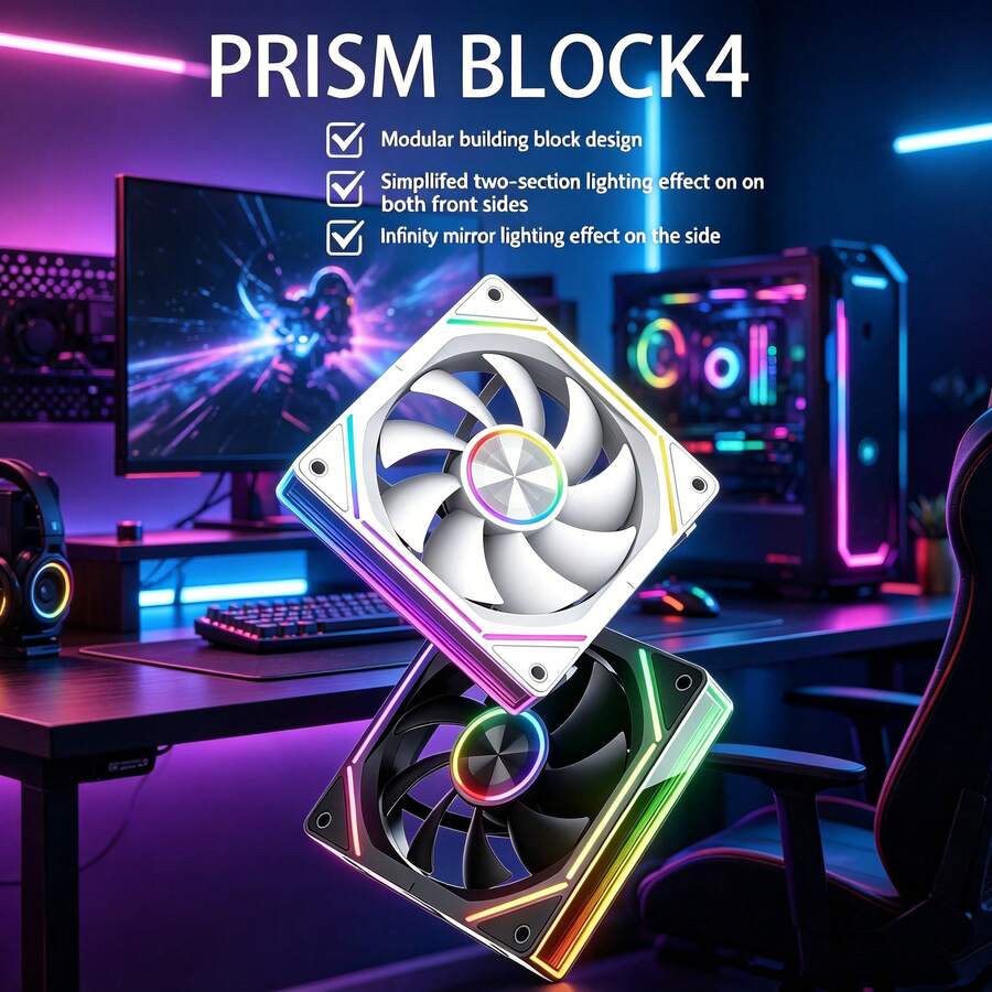 Black / White Dual Color Case Fan, High Air Pressure ARGB Rainbow Fan, Multi-Frame Flowing Light Ambient Lighting, Integrated Clip-On No-Cable Tie DIY Case Cooling Fan, Quiet Hydraulic Bearing Motherboard Sync Fan