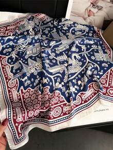1件女款仿絲印花方巾頭巾髮帶 時尚多功能小領巾 適合日常使用 - 藍色 - 查看 5