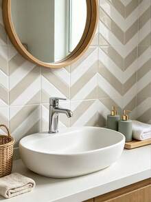 WoStick 5/15 قطعة بلاط جداري ذاتي اللصق مقاس 11.43" * 9" - نمط عظم السمك ثلاثي الأبعاد باللون الكريمي، مقاوم للزيت والماء، سهل التركيب والإزالة، مناسب للمطبخ والحمام - نقش عظم السمكة بلون أبيض مائل للبيج - مشاهدة 10