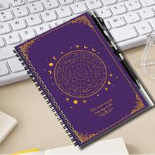 1 Set Mysterious Astrology Style 2D Cover Spiral Coil Notebook Set With Pen, 100 Pages Premium Inner Pages, Smooth Writing, Exquisite Cover With Constellation Elements And Inspirational Text, Suitable For Back To School, Daily Work Records, Journaling, Planning, Graduation Gift, Birthday Gift - F - View 2