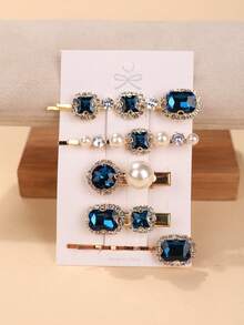 5 piezas/tarjeta Conjunto de pinzas y pasadores de pelo de alta gama con strass y perlas en forma de cocodrilo, versátiles y de moda, pinzas laterales para el flequillo y cabellos sueltos en la frente, garras para el cabello - Multicolor - Ver 11