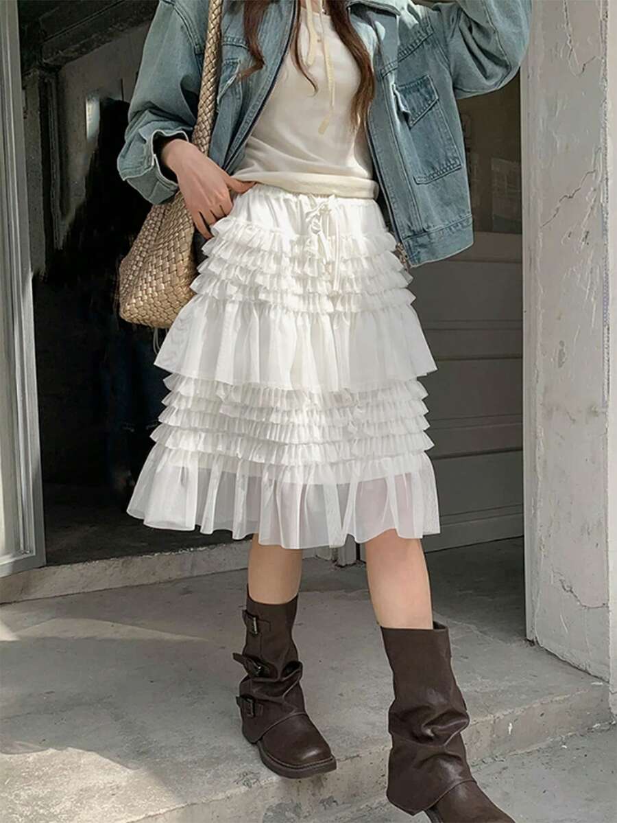 Layered Tulle Puff Cake Skirt Women Korean Style High Waist Slimming Versatile Petite A-Line Skirt Spring - White - View 1