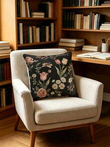 1/2/4Pcs 2D Flat Printed Exquisite Floral Pattern Single-Sided Printed Pillowcase Sofa Cover - Non-True Embroidery, Home Decor Pillowcase - Black and Pink - View 5