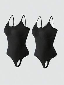 2Pcs High Waist Tummy Control Thong Bodysuit Figure - 黑色 - 查看 1