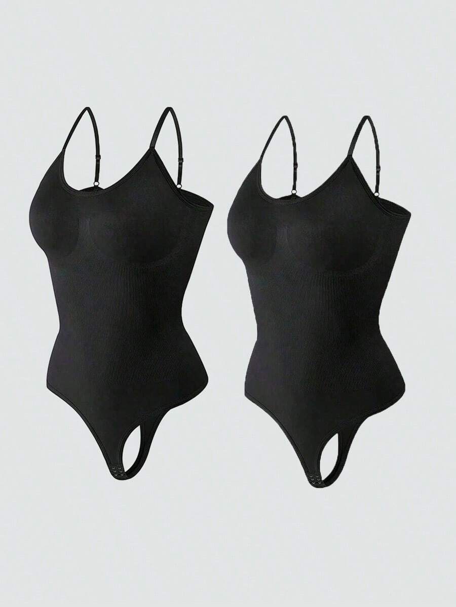 2Pcs High Waist Tummy Control Thong Bodysuit Figure - 黑色 - 查看 1