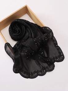 1件女款素色春夏精緻優雅波浪花瓣刺繡邊3D花朵刺繡蕾絲亮片穆斯林頭巾披肩，適用於長袍 - 彩色 - 查看 19
