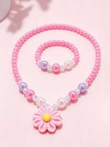 2pcs/Set Girls Cute Flower Pendant Beaded Necklace Bracelet Jewelry Set, Suitable For School, Holiday Party, Birthday Gift, Daily Wear - one-size - View 9