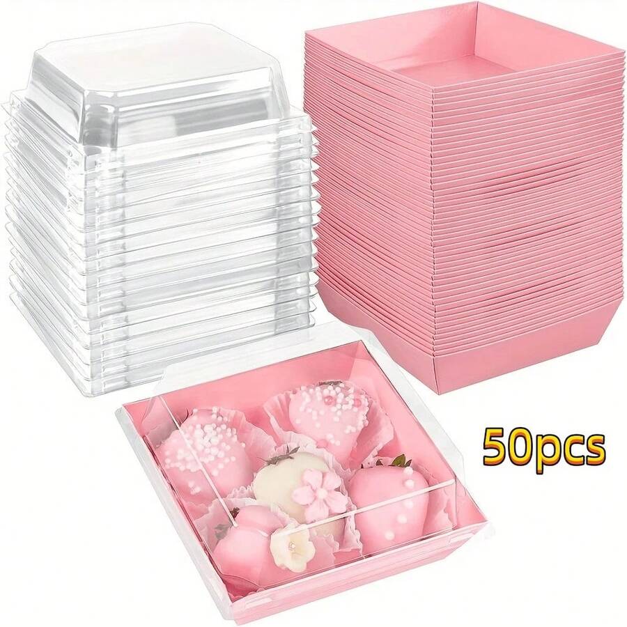 1-50pcs Pink & White Transparent Lid Food Containers - Suitable For Strawberries, Cookies, Cake Slices - PET Material Baking Containers, Suitable For Outdoor Use - Multicolor - View 1