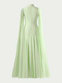 阿拉伯風純色優雅荷葉邊長袖蝴蝶結大裙擺洋裝，女款正式晚宴婚禮度假洋裝，婚禮派對洋裝，女款奢華晚禮服 - 綠色 - 查看 5